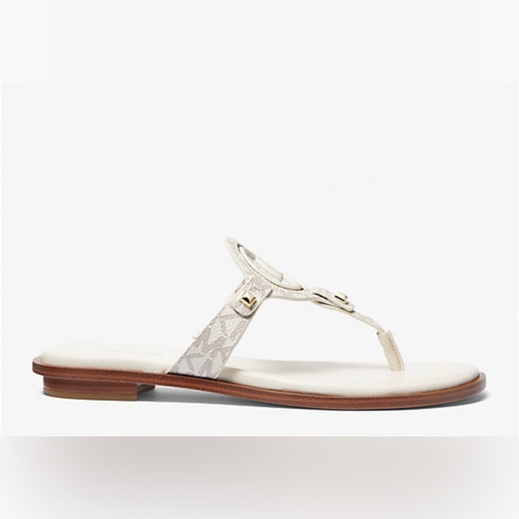 Michael Kors Flat Logo Sandals Vanilla Leather Trim 9M - Picture 2 of 13